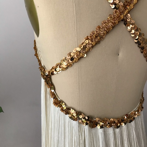 Vintage Fringe Back Bodysuit Sequin White Lace S - Picture 3 of 10